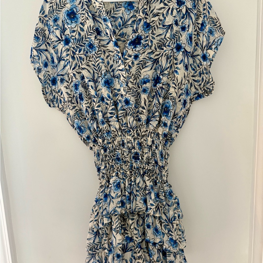 MISA Los Angeles Floral Blue and White Smocked Mini Dress